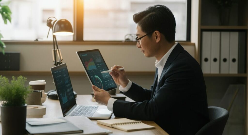 AI業務代行を導入する中小企業の経営者がタブレットでダッシュボードを確認する様子