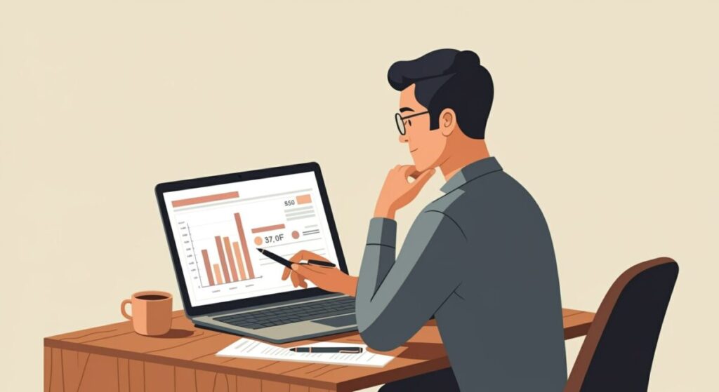 経営者がノートパソコンで月次の経理データを確認している様子のイラスト