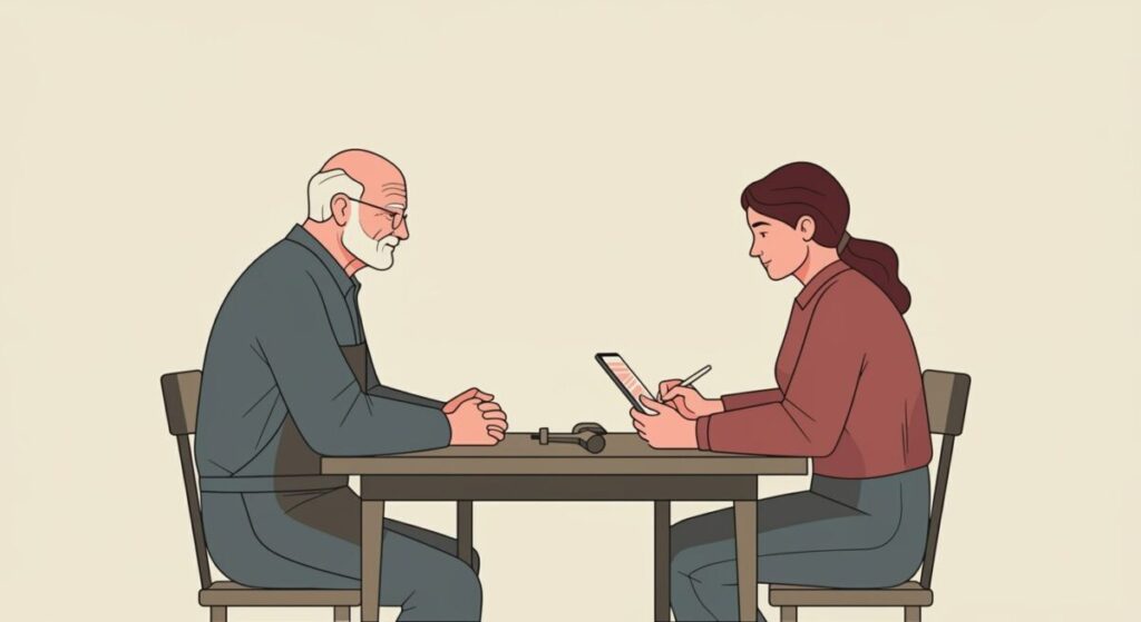 ベテランの職人と若手スタッフが向き合って職人技の継承インタビューをしている様子のイラスト