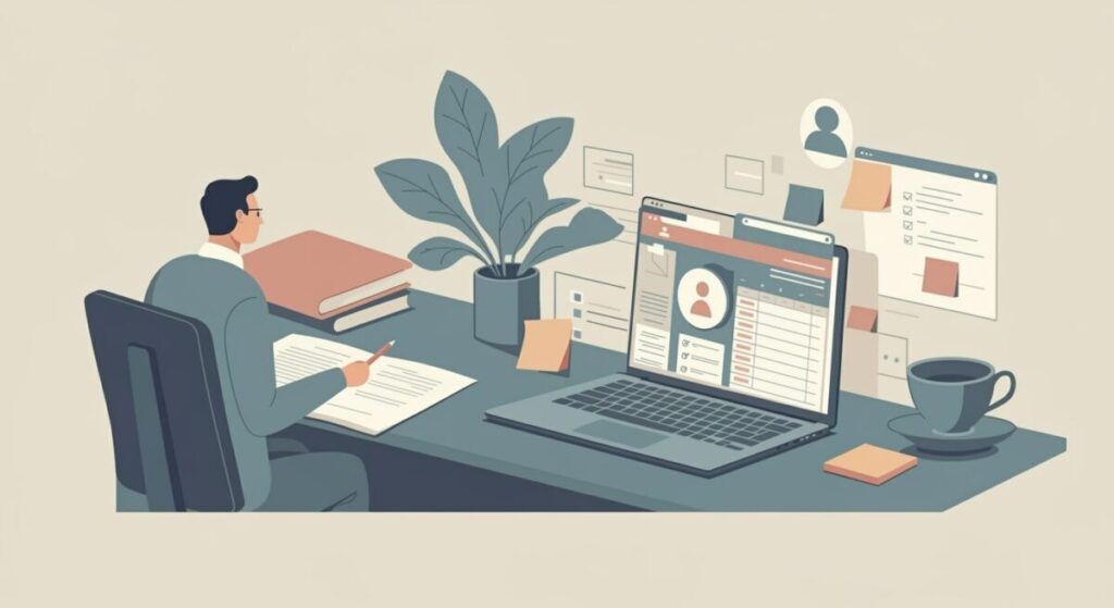 顧客名簿を紙やエクセルからクラウドに移行している経営者のイラスト