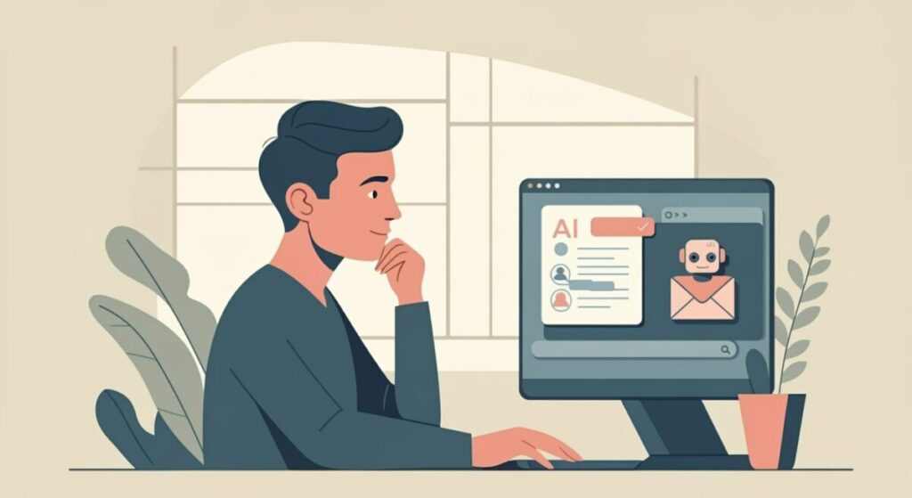 AIがお問い合わせメールの返信文を下書きしてくれる様子のイラスト