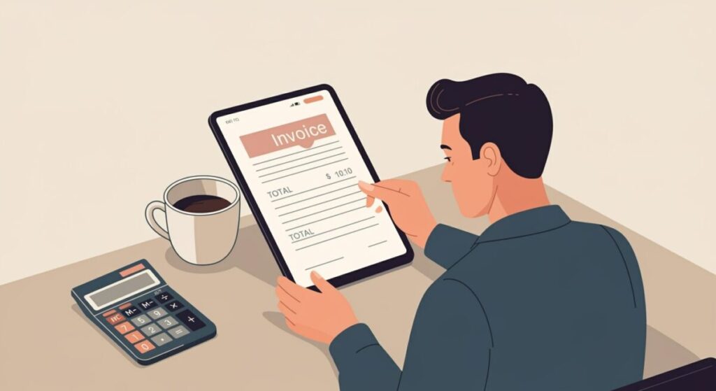 タブレットで見積書・請求書をAIで作成している様子のイラスト