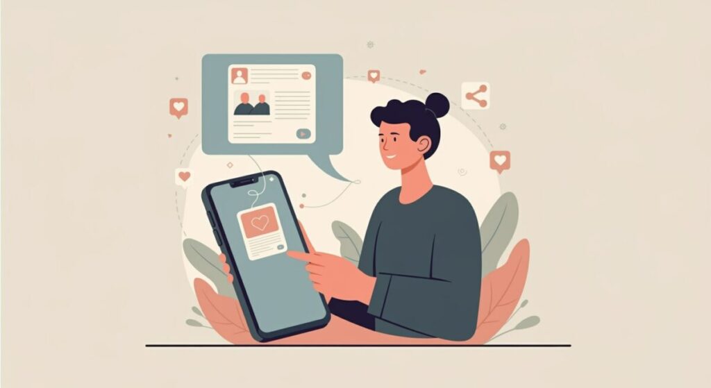 スマホでSNS投稿をAIで作成している様子のイラスト