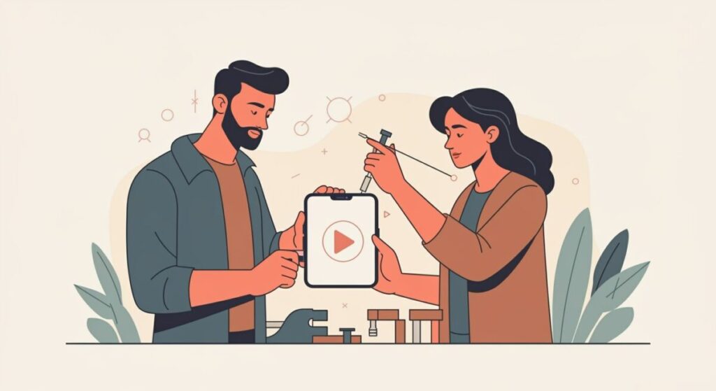ベテランが作業を見せながら若手がスマホで研修動画を撮影している様子のイラスト