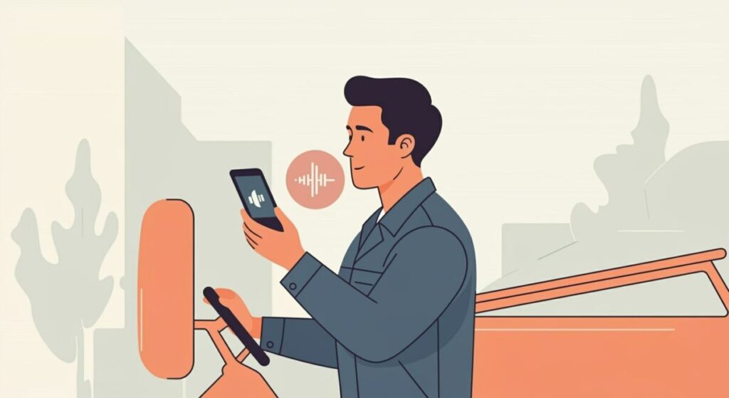 現場で作業を終えた人がスマホに音声で日報を入力している様子のイラスト