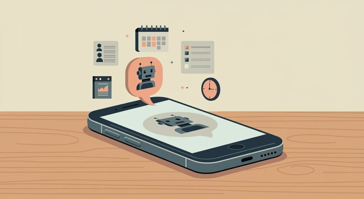 スマートフォンの中からAIアシスタントが現れて、予約管理を手伝う様子のイラスト