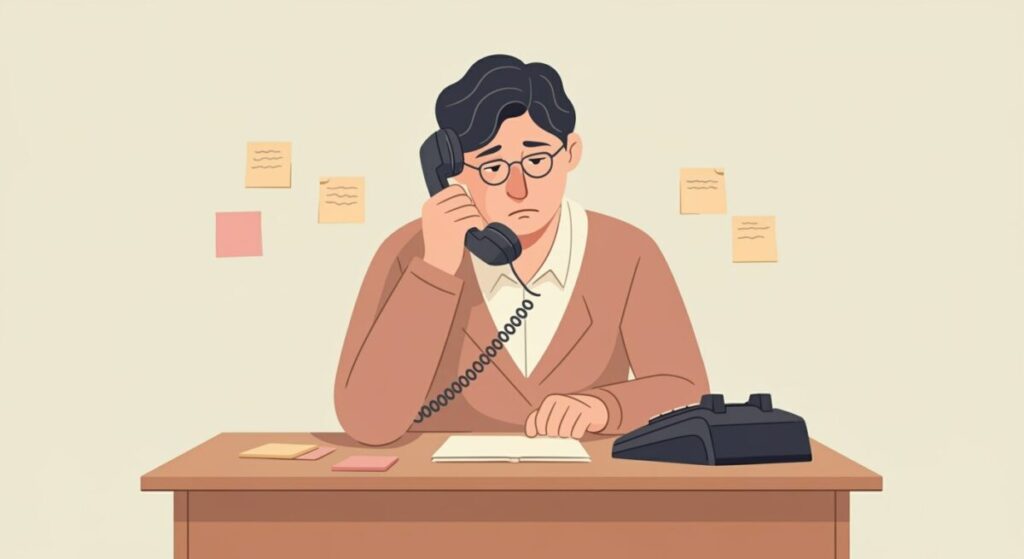 予約電話に追われて疲れる小さな会社の経営者のイラスト