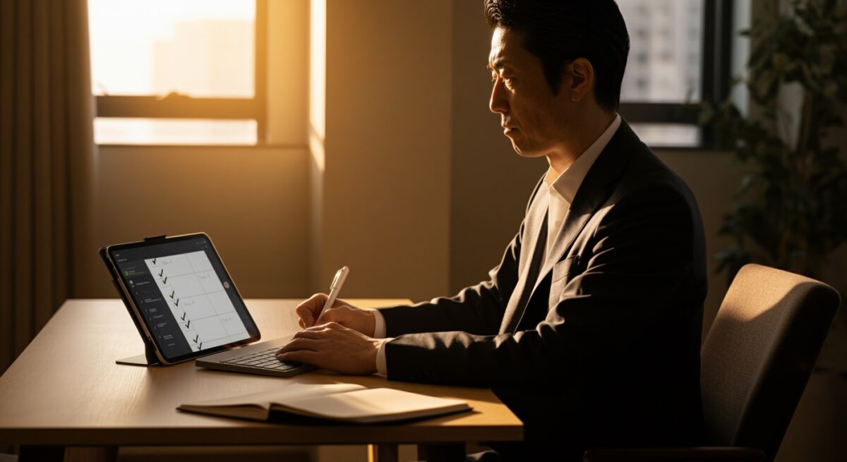 朝のルーティンで手帳を見る経営者