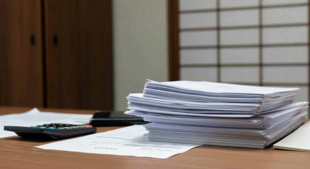 経理書類と電卓が並ぶデスク