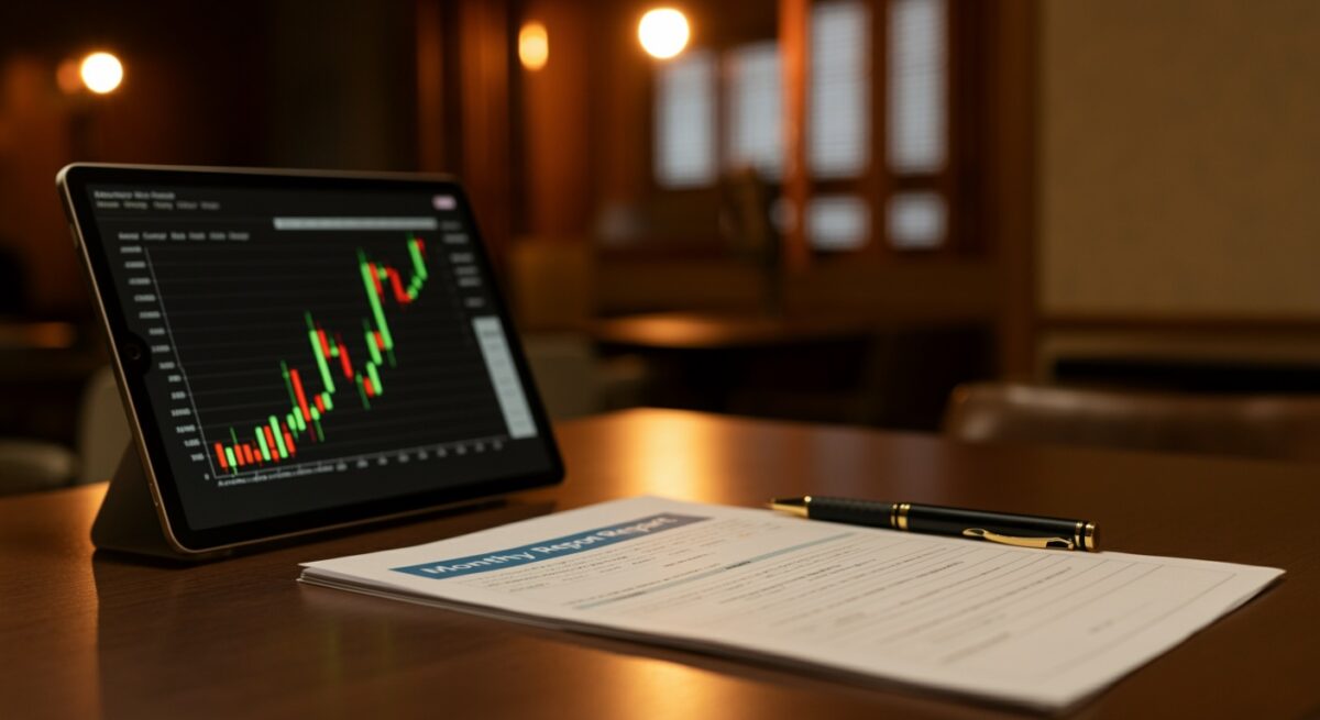 月次レポート資料とタブレット