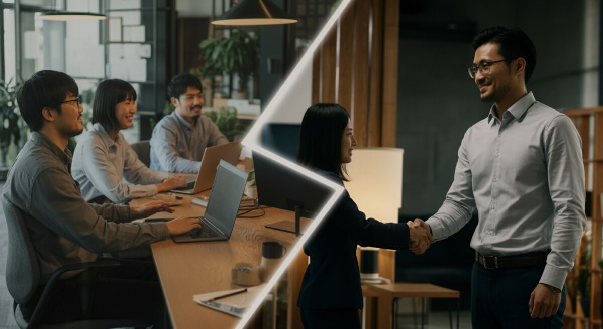 自社と外部の2つの選択肢を表すイメージ