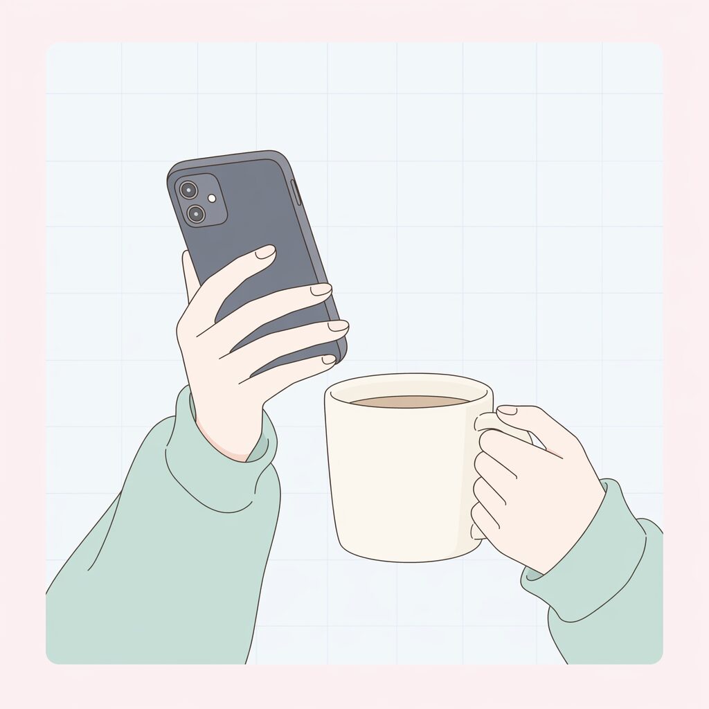 コーヒー片手にスマホ