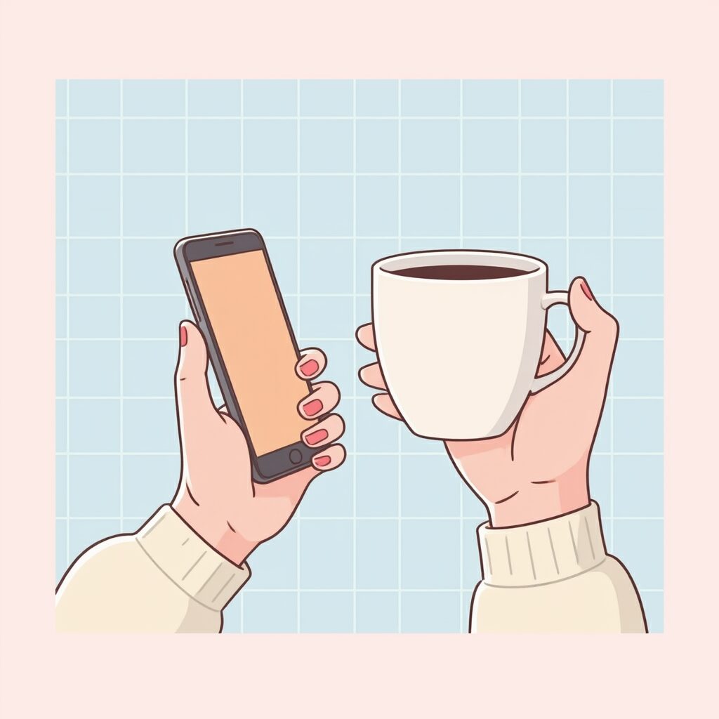 コーヒー片手にスマホ