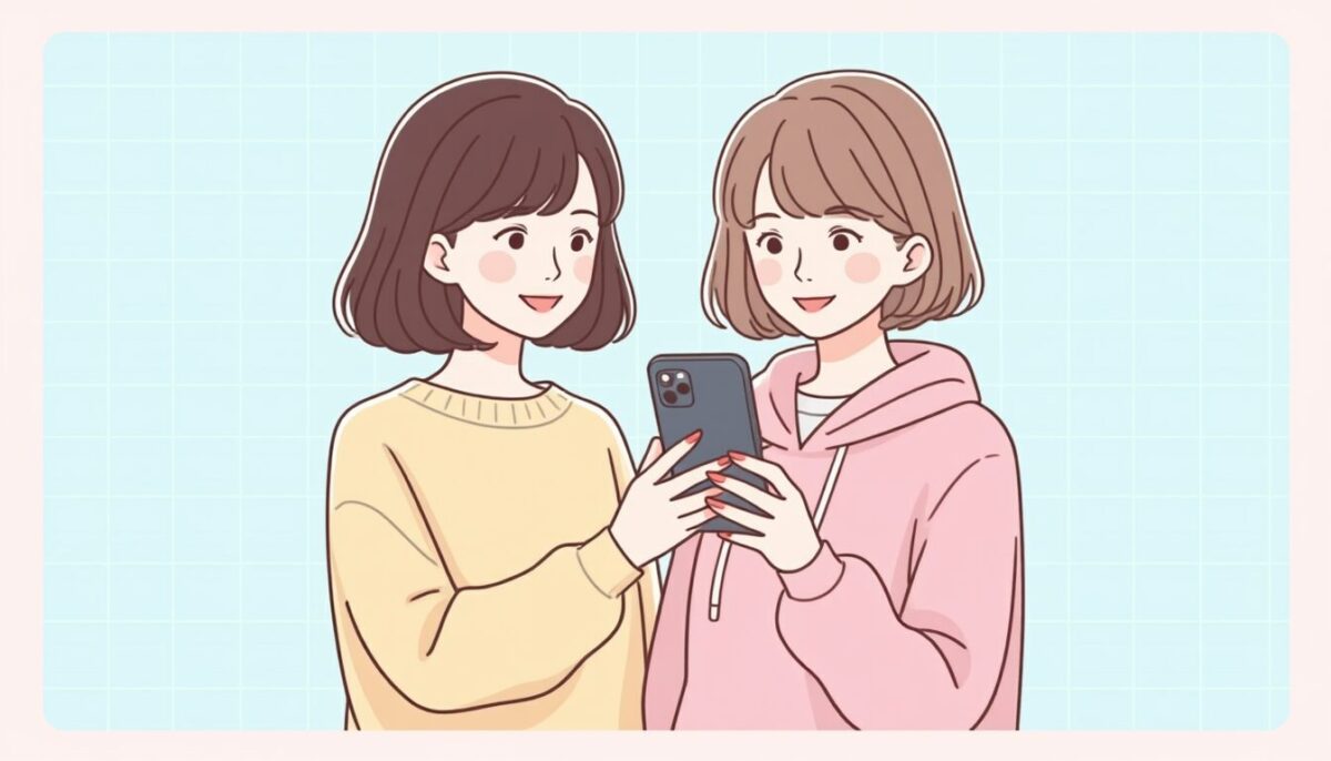 ミホとリナ、並んでスマホを覗く