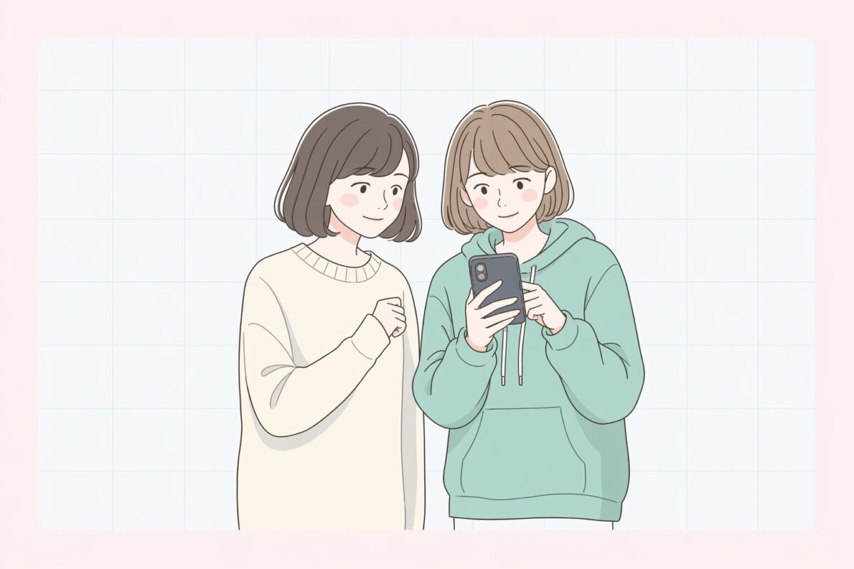 ミホとリナがスマホを覗き込む