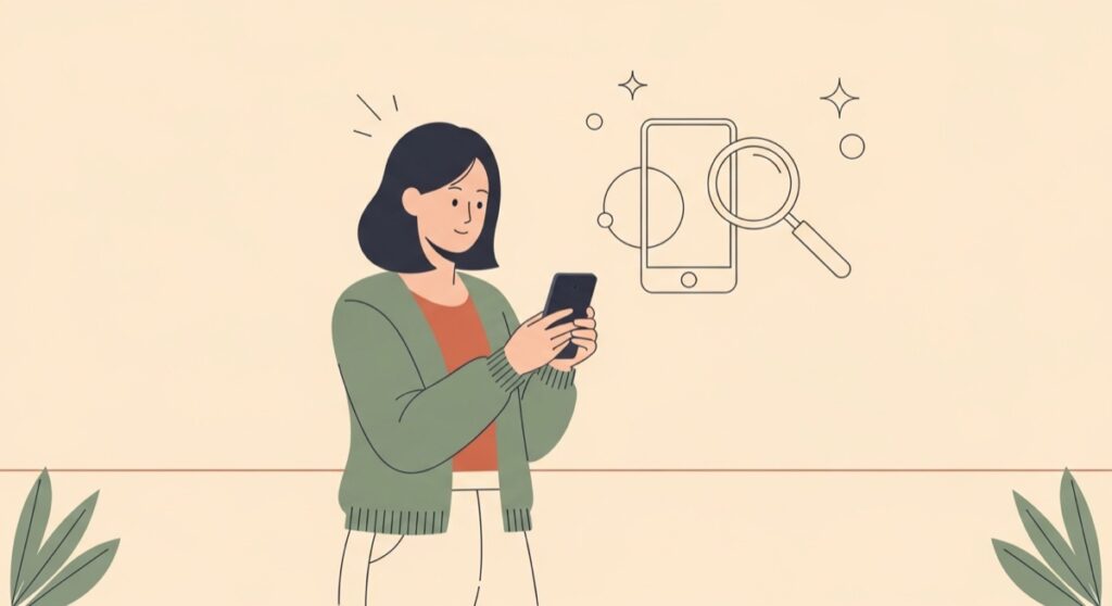 Instagramの検索窓からMeta AIに質問する女性のフラットイラスト