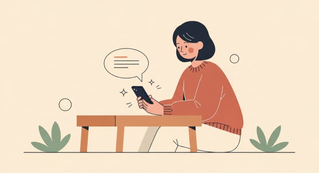 Meta AIと一緒に投稿キャプションを書く女性のフラットイラスト
