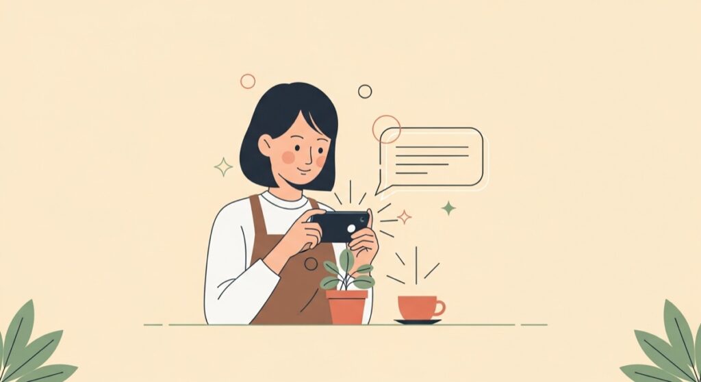 写真からMeta AIがキャプションを自動生成するイメージのフラットイラスト
