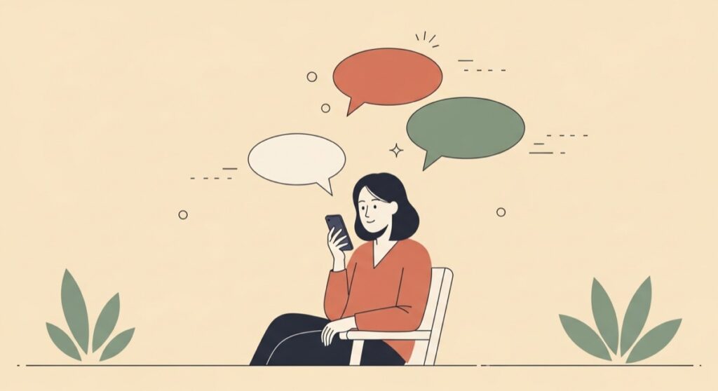 DMでMeta AIとチャットする女性のフラットイラスト