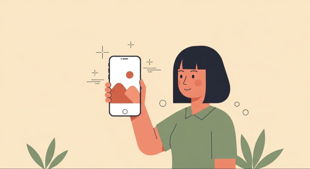 Meta AIのImagineでスマートフォンから画像を生成する女性のフラットイラスト