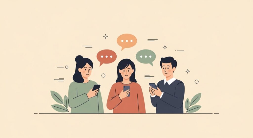 グループチャットでMeta AIを使う3人のフラットイラスト