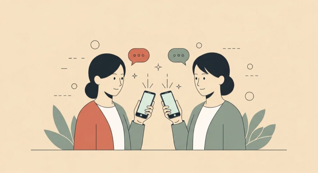 MessengerとWhatsAppでMeta AIを使い分ける女性のフラットイラスト