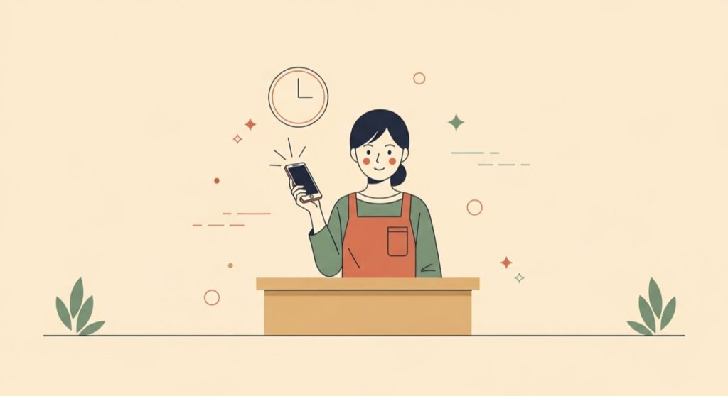 開店前の10分でSNS運用を済ませる店舗経営者のフラットイラスト