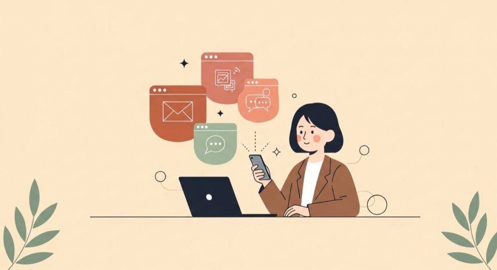 複数のSNS媒体へキャンペーンを展開する経営者のフラットイラスト