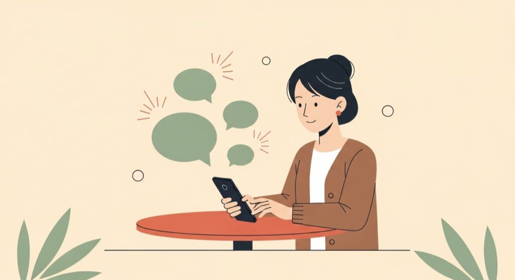 スマートフォンでSNS投稿文をAIと作成する女性のフラットイラスト