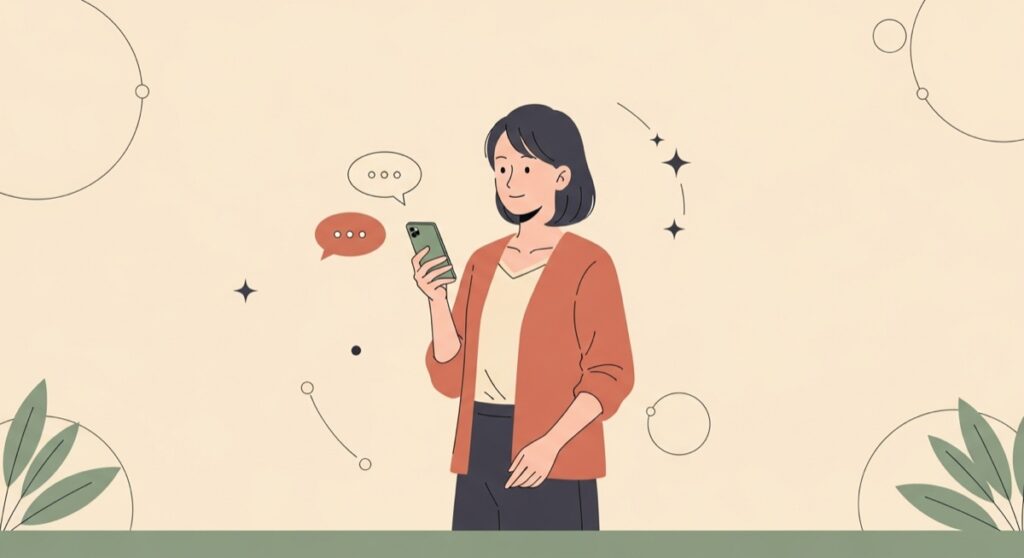 スマートフォンでお客様からのDMに返信する女性のフラットイラスト