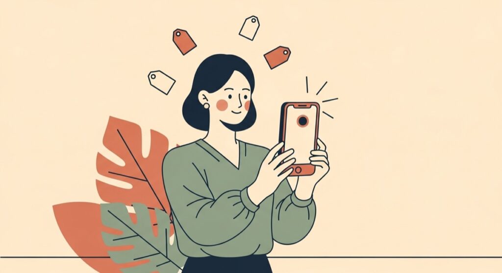 ハッシュタグ候補をAIが提案するイメージのフラットイラスト