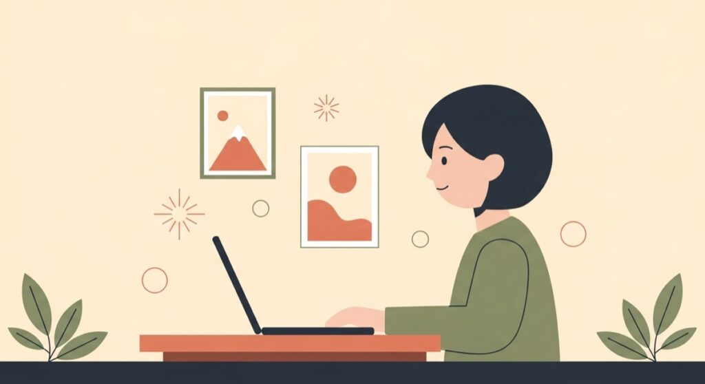 パソコンでAI画像生成を試す人のフラットイラスト