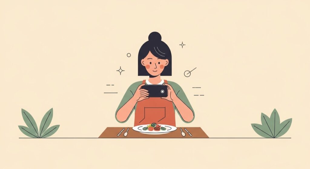料理の写真をスマートフォンで撮影しキャプションを作る女性のフラットイラスト