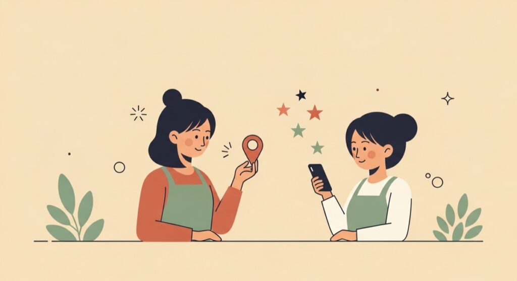 口コミへの返信と店舗の星評価をイメージしたフラットイラスト