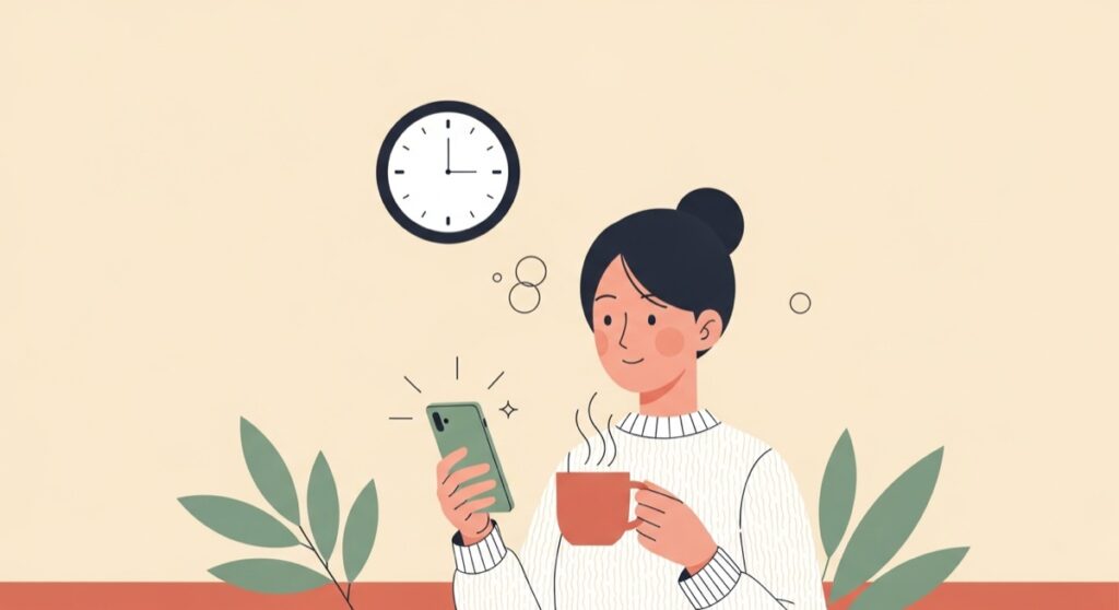 朝のコーヒーを片手に毎日15分のSNSルーティンをこなす女性のフラットイラスト