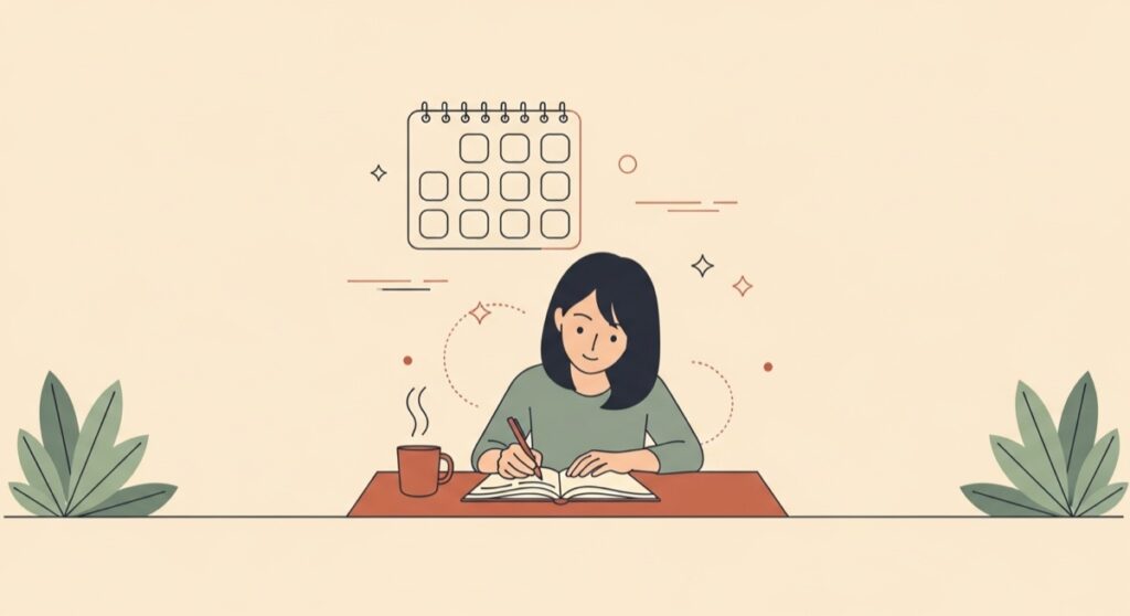 1週間分のSNS投稿計画をノートに書き出す経営者のフラットイラスト