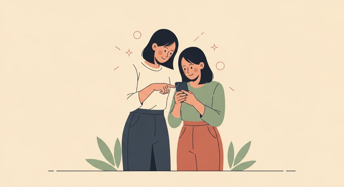 ミホとリナ、並んでスマホを覗く
