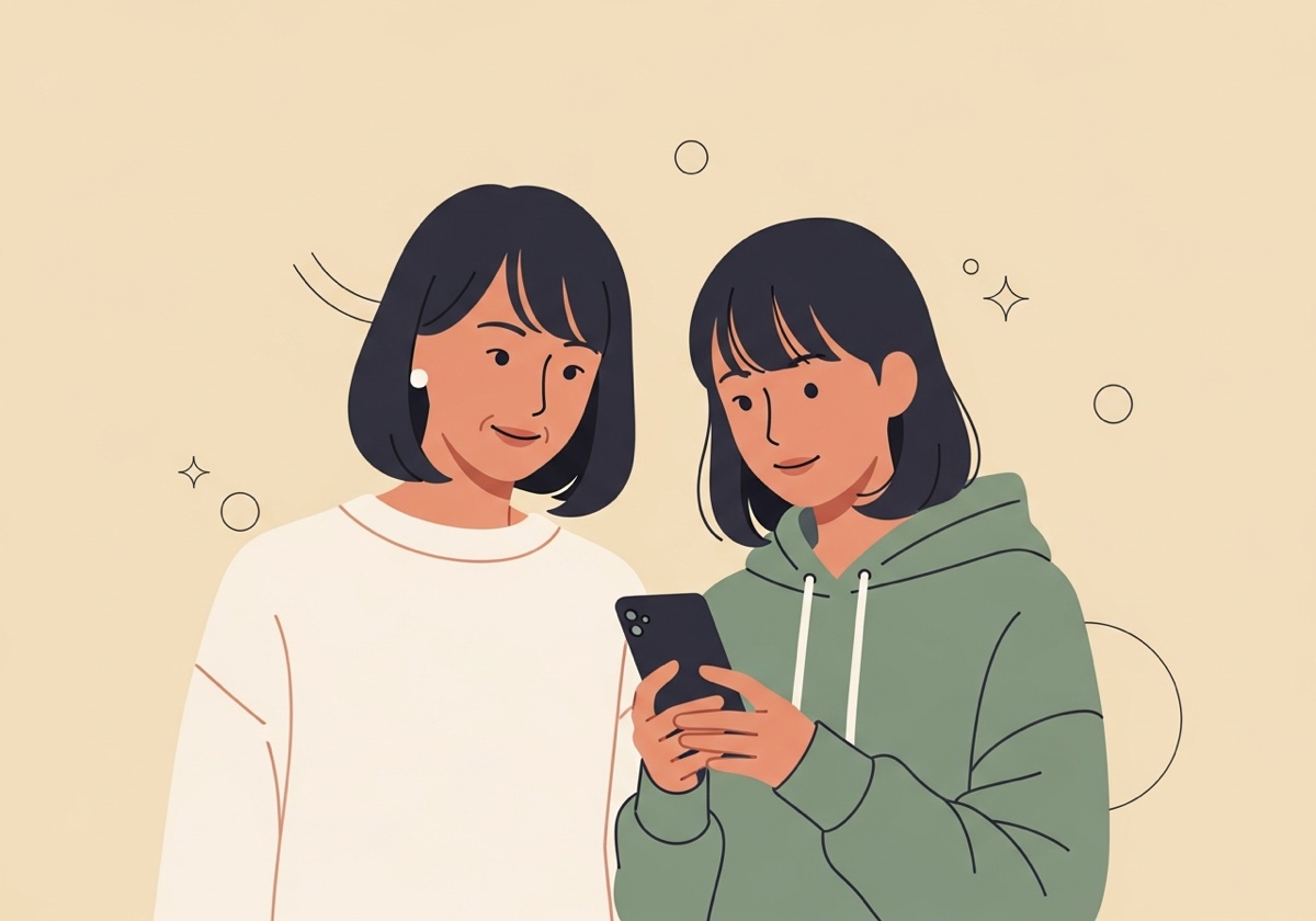 ミホとリナがスマホを覗き込む