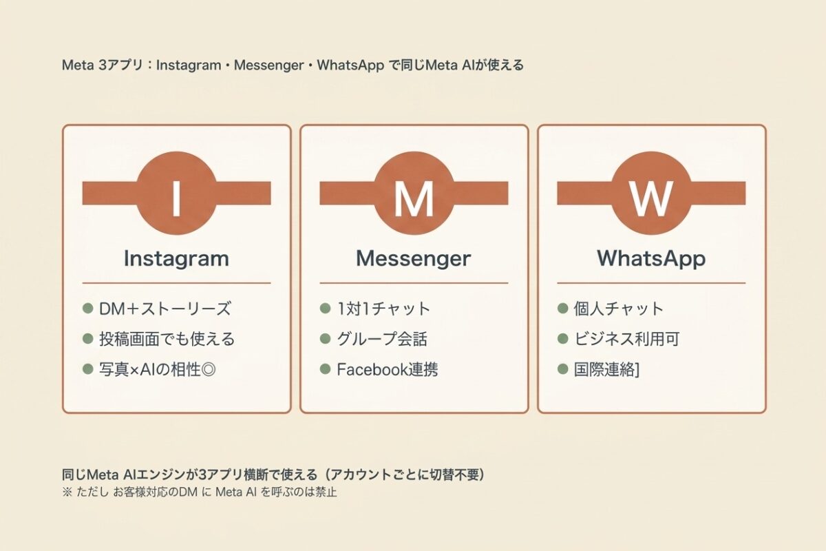 Meta 3アプリ:IG・Messenger・WhatsAppで同じMeta AIが使える