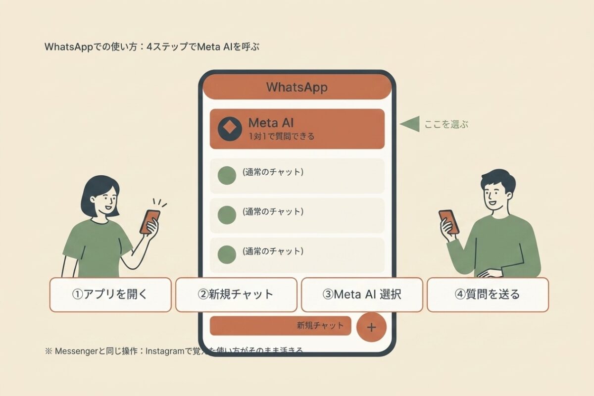 WhatsAppでの使い方:4ステップでMeta AIを呼ぶ