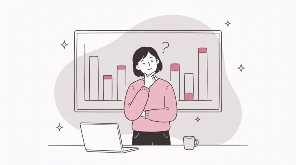 5つの調査で高さの違う棒グラフを前に首をかしげる中小企業の経営者のイラスト