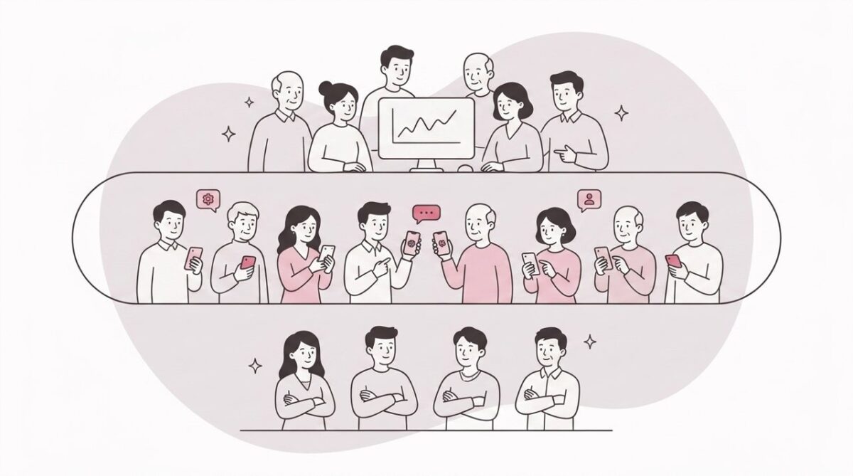 会社として導入・個人任せ・未着手の3層に分かれた中小企業のイラスト