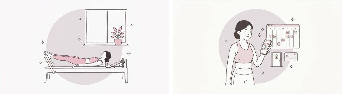 提案書用の単線イラスト2枚。リフォーマーの女性と、スマートフォンで予約する女性