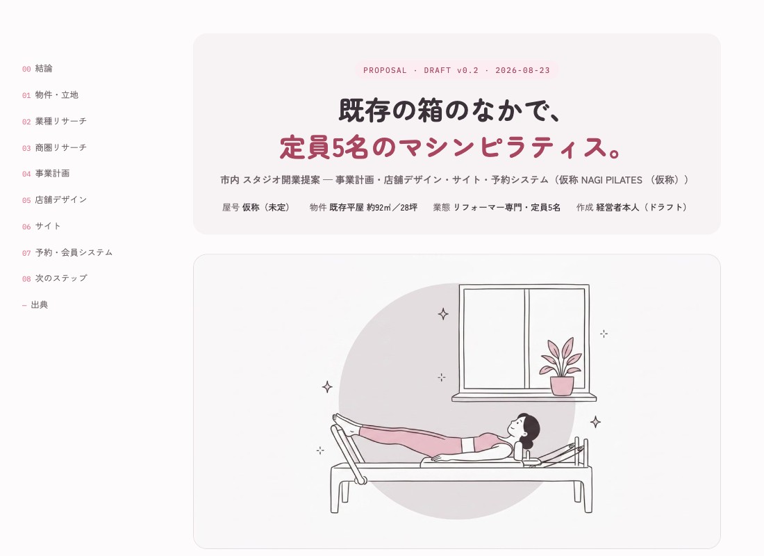 提案書の冒頭。目次と見出し、リフォーマーに横たわる女性の単線イラスト