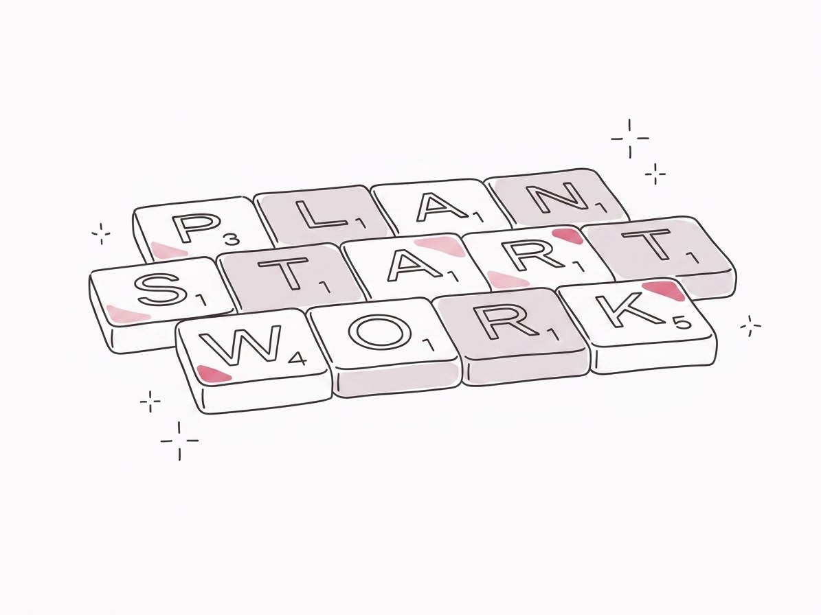 スタート・プラン・アクションとスクラブルタイルで書かれた計画ボード