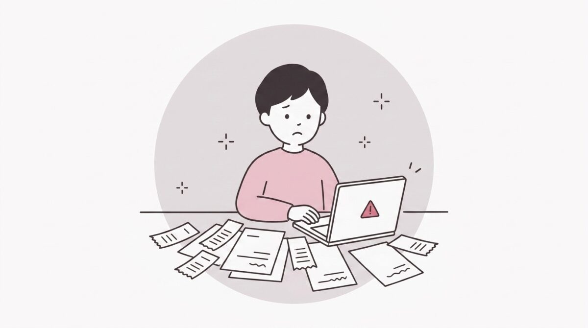 経理の内製化に失敗して領収書と書類が散らかり困っている経営者のイラスト