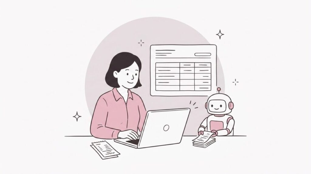 経理代行をやめてクラウド会計とAIで記帳を内製化しようと検討している小さな会社の経営者のイラスト