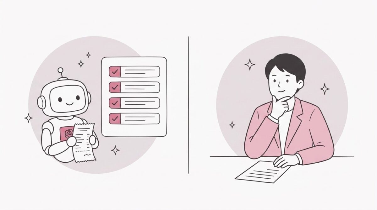 領収書の記帳はAIが担当し、税務判断は税理士が担当する役割分担のイラスト