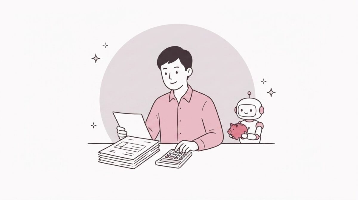 見積書の束と電卓を前に考える経営者と、小さな貯金箱を持つ白いロボット