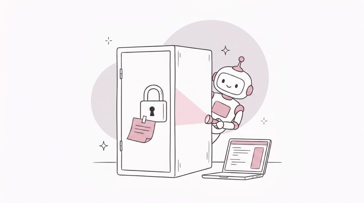 南京錠のかかったサーバーと、中を覗く白いロボット